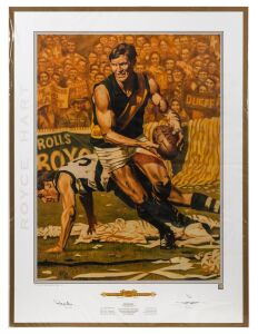 "ROYCE HART - Australian Sports Legend" poster with artwork by Jamie Cooper, limited edition (#9/500) signed by Hart and Cooper; overall 93 x 70cm.