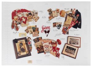 SOUTH MELBOURNE/SYDNEY SWANS FOOTBALL CLUB Great Moments poster (1996) limited edition (#323/500) signed by 15 club legends, including Barry Round, Dennis Carroll, Peter Bedford, Bob Pratt, Gerard Healy, Bob Skilton and Tony Lockett. With CoA; overall 66 