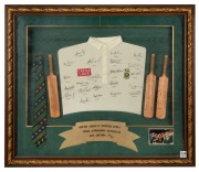 SOUTH AFRICAN SUMMER 1996-97, INDIA, ZIMBABWE, AUSTRALIA: Framed cricket display, limited edition 25/25, incorporating signed shirt, miniature cricket bats with signatures, tie and photograph, 107 x 124cm overall