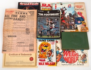 An accumulation of thirty-six mostly Australian-rules related publications, including ten issues of 'The Footballer', five issues of 'Footballer Australia', Max Walker 'How to Tame Lions...', April 13th 1963 issue of the Sporting Globe, and others; mostly