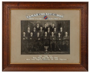LAUNCESTON SPORTING CLUB PHOTOS: 1926-27 Tamar Cricket Club team photograph, window-mounted, framed and glazed, 53 x 66cm overall, together with 1909 Launceston F.C. team photograph, 39 x 51cm. (2 items)