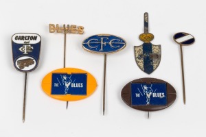 CARLTON FOOTBALL CLUB: Lapel pins including a Sniders & Abrahams "Standard Cigarettes" shield; a Swann & Hudson football; a Repco type by K.G.Luke and four others, circa 1920s-50s. (7 items).