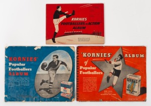 KORNIES: 1948, 1949, and 1951 Kornies Popular Footballers albums (dilapidated condition), each containing a part-set of the relevant cards, stuck down. (3 albums)