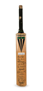 A full-sized Duncan Fearnley cricket bat, signed by a South African team, including Hansie Cronje, Adam Bacher, Pat Symcox, Jacques Kallis, Jonty Rhodes, Shaun Pollock, etc.