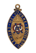A Melbourne Cricket Club membership fob for 1902-3, made by Gaunt, with gilt and enamel incorporating the MCC cypher; no impressed number verso. This was the first year that the fobs were dated.