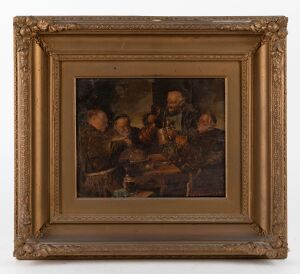 ARTIST UNKNOWN, (interior scene of feasting monks), enhanced lithograph on board, 20 x 25cm, 41 x 46cm overall