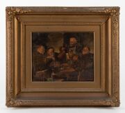 ARTIST UNKNOWN, (interior scene of feasting monks), enhanced lithograph on board, 20 x 25cm, 41 x 46cm overall