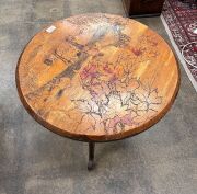 An Australian pokerwork circular occasional table with Medieval landscape scene with figures in castle, circa 1925, 54cm high, 60cm diameter - 3