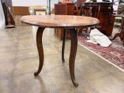 An Australian pokerwork circular occasional table with Medieval landscape scene with figures in castle, circa 1925, 54cm high, 60cm diameter - 6