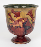 MOORCROFT "Flambe Carp" rare English pottery urn vase finely decorated with six carp amongst waterweed, highlighted in flambe glaze, impressed "Moorcroft, Burslem" with underglazed full green signature "W. Moorcroft", 27cm high, 25.5cm diameter. - 2