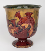 MOORCROFT "Flambe Carp" rare English pottery urn vase finely decorated with six carp amongst waterweed, highlighted in flambe glaze, impressed "Moorcroft, Burslem" with underglazed full green signature "W. Moorcroft", 27cm high, 25.5cm diameter. - 3