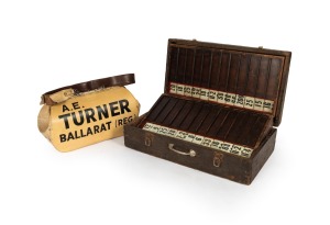 BOOKMAKER'S BOARD: Original bookmaker's betting board, showing odds for twenty-four horses, in original timber carry case, and accompanied by the betting bag used by A.E. Turner of Ballarat, the board 70 x 78cm opened out. (2 items)