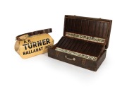BOOKMAKER'S BOARD: Original bookmaker's betting board, showing odds for twenty-four horses, in original timber carry case, and accompanied by the betting bag used by A.E. Turner of Ballarat, the board 70 x 78cm opened out. (2 items)