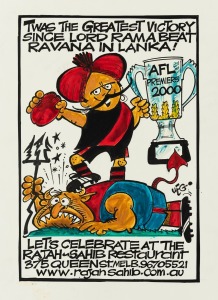 WEG (WILLIAM ELLIS GREEN, 1923-2008): A folio of original artworks and works-in-progress featuring football themes, produced by WEG for his friend (and client?) Larry Mendonca, of the Rajah-Sahib restaurant in Queen Street, Melbourne.