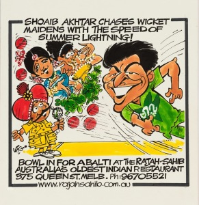 WEG (WILLIAM ELLIS GREEN, 1923-2008): A folio of original artworks and works-in-progress featuring cricket themes, produced by WEG for his friend (and client?) Larry Mendonca, of the Rajah-Sahib restaurant in Queen Street, Melbourne.