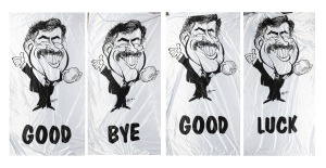 WEG: Set of four enormous 3.4 x 1.7m satin banners featuring caricature of smiling Ross Oakley holding football, with WEG signature. When viewed together, the set produces the phrase "GOOD BYE GOOD LUCK", and was produced for and displayed at Oakley's far