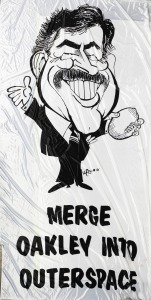 WEG: Enormous 3.4 x 1.7m satin banner featuring the phrase 'MERGE OAKLEY INTO OUTER SPACE', as well as caricature of smiling Ross Oakley holding football, with WEG signature. Produced for and displayed at Oakley's farewell dinner as AFL CEO.