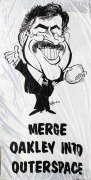 WEG: Enormous 3.4 x 1.7m satin banner featuring the phrase 'MERGE OAKLEY INTO OUTER SPACE', as well as caricature of smiling Ross Oakley holding football, with WEG signature. Produced for and displayed at Oakley's farewell dinner as AFL CEO.