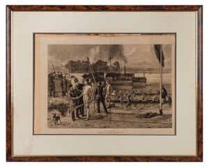 Original wood engraving 'Victory! A Sketch At An Oxford and Cambridge Boat Race', published 1st of April 1882 in The Graphic, 75 x 60cm overall, framed.