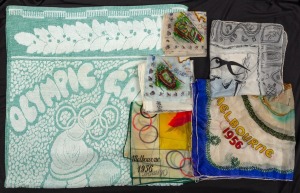 MELBOURNE OLYMPICS: Souvenir towel depicting the official logo and torch, together with six souvenir scarves or handkerchiefs. (7 items)