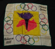 MELBOURNE OLYMPICS: Souvenir towel depicting the official logo and torch, together with six souvenir scarves or handkerchiefs. (7 items) - 6