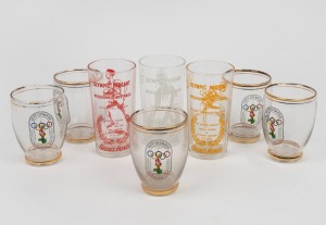Three 1956 Greig's Honey glasses, featuring John Landy, Shirley Strickland, and Faith Leech, together with five gold-trimmed drinking glasses featuring the official Melbourne 1956 logo. (8 items)
