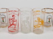 Three 1956 Greig's Honey glasses, featuring John Landy, Shirley Strickland, and Faith Leech, together with five gold-trimmed drinking glasses featuring the official Melbourne 1956 logo. (8 items) - 2