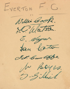 ENGLISH FOOTBALL: An old autograph book with autographs of the 1930s including cricketers (Yardley, Hammond, Edrich, Compton, etc.) but especially, several pages headed "ARSENAL F.C. 1938", "HUDDERSFIELD TOWN 1938", "BOLTON WAN. F.C. 1938", "MIDDLESBORO 