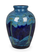 MOORCROFT "Moonlit Blue" spectacular English exhibition pottery mantle vase, impressed factory mark to base, signature obscured by glaze, an imposing 40cm high, 27cm wide.