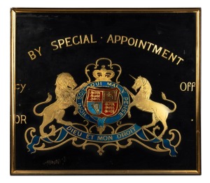 "BY SPECIAL APPOINTMENT" antique English painted and gilded etched glass coat of arms, 19th century. Would originally have been part of a larger sign. 46 x 53cm overall.