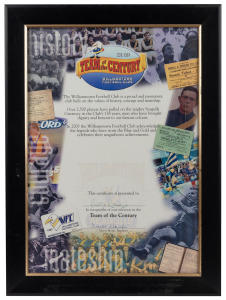 WILLIAMSTOWN F.C. TEAM OF THE CENTURY: Barry Round's Team of the Century nomination and selection congratulatory certificates, framed and glazed, the larger 36 x 48cm overall, plus 1987 Age Sports Star Award certificate and 1993 Warragul F.C. Certificate 
