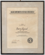 WILLIAMSTOWN F.C. TEAM OF THE CENTURY: Barry Round's Team of the Century nomination and selection congratulatory certificates, framed and glazed, the larger 36 x 48cm overall, plus 1987 Age Sports Star Award certificate and 1993 Warragul F.C. Certificate - 3