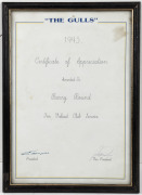 WILLIAMSTOWN F.C. TEAM OF THE CENTURY: Barry Round's Team of the Century nomination and selection congratulatory certificates, framed and glazed, the larger 36 x 48cm overall, plus 1987 Age Sports Star Award certificate and 1993 Warragul F.C. Certificate - 4