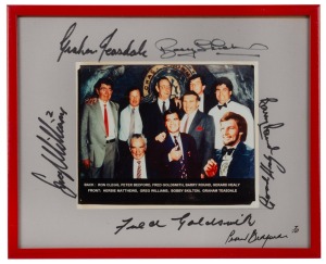 SWANS BROWNLOW MEDALLISTS: Composite group portrait featuring Ron Clegg, Peter Bedford, Fred Goldsmith, Barry Round, Gerard Healy, Herbie Matthews, Greg Williams, Bobby Skilton, and Graham Teasdale, with original signatures (7) of Bedford, Goldsmith, Roun