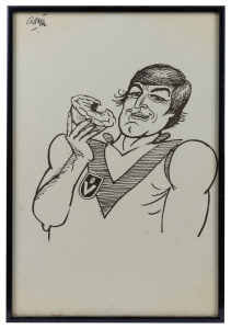 Cartoon of Barry Round eating a pie in Swans VFL guernsey, framed and glazed, 29 x 42cm overall, together with photograph of Round cutting cake that reads 'To Barry - Footscray 0.0.0 vs South Melbourne 30.20.200', framed and glazed, 27 x 32cm overall, plu