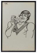 Cartoon of Barry Round eating a pie in Swans VFL guernsey, framed and glazed, 29 x 42cm overall, together with photograph of Round cutting cake that reads 'To Barry - Footscray 0.0.0 vs South Melbourne 30.20.200', framed and glazed, 27 x 32cm overall, plu