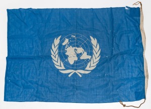 Large format linen flags: SOVIET RUSSIA, SWEDEN and UNITED NATIONS, souvenired from a 1980's-era international sporting event. (3). Each approx. 1.2 x 2.2m.