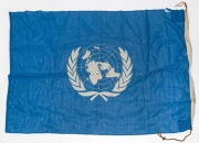 Large format linen flags: SOVIET RUSSIA, SWEDEN and UNITED NATIONS, souvenired from a 1980's-era international sporting event. (3). Each approx. 1.2 x 2.2m.