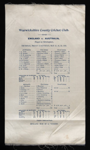 Australian tour to England 1909: ‘England v. Australia’. First Test. Early original commemorative silk scorecard for the 1st Test, played at Edgbaston, 27th- 29th May 1909.
