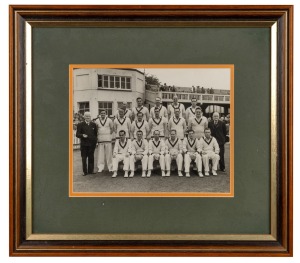 Two c. 1950s original team photographs - one with ten faded signatures including those of Keith Miller and Richie Benaud, together with one featuring the Australian Test Cricket team under captain Richie Benaud with his signature (faded); both window-moun