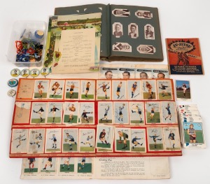 An untidy accumulation of cigarette and trade cards; part sets in albums and loose, together with a couple of publications. Noted Kornies, Scanlans, W.D. & H.O.Wills, etc.; mainly football but also some non-sport. Mixed condition.