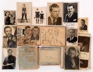 An untidy accumulation with many autographs cut-outs mounted on pages in a hiome made autograph book, some non-football, a few signed photos, etc. Worth checking.