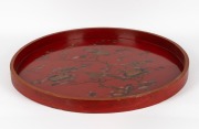 An antique Japanese red lacquered serving tray with hand painted birds and blossoms, Meiji Period 19th/20th century, 71.5cm diameter - 2
