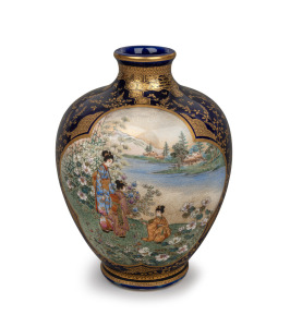 SATSUMA fine quality antique Japanese earthenware vase on blue ground with gilt highlights, Meiji Period, 19th century, 14.5cm high