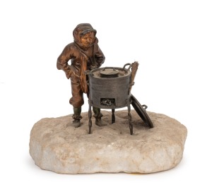 BERGMANN antique Austrian cold painted bronze statue of the chestnut roaster, mounted on stone base, circa 1900, 11cm high