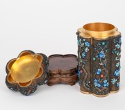 A lovely quality antique Chinese filigree silver lidded jar inlaid with cabochon, turquoise and coral, decorated with enamel birds and floral highlights, double walled construction with gilt finished interior, resting on original carved timber stand, 19th - 3