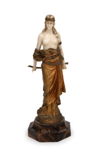 An antique Continental carved ivory and gilt bronze statue of "Judith", signed "E. Cole", mounted on brown onyx base, A/F, 23.5cm high.