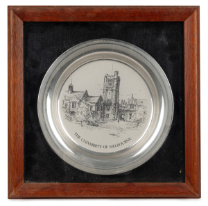 "The University of Melbourne" sterling silver commemorative plate designed by Kenneth Jack for Franklin Mint (1979), mounted, framed & glazed, the plate 20cm diameter, 188 grams.