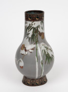 An antique Japanese cloisonne vase with flying birds and snow covered spruce boughs, executed using the Musen shippo technique, Meiji period, 19th/20th century, 23.5cm high. - 2