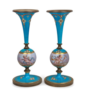 SEVRES pair of antique French blue porcelain stem vases with hand-painted cherub decoration and ormolu mounts, 19th century, 23cm high.